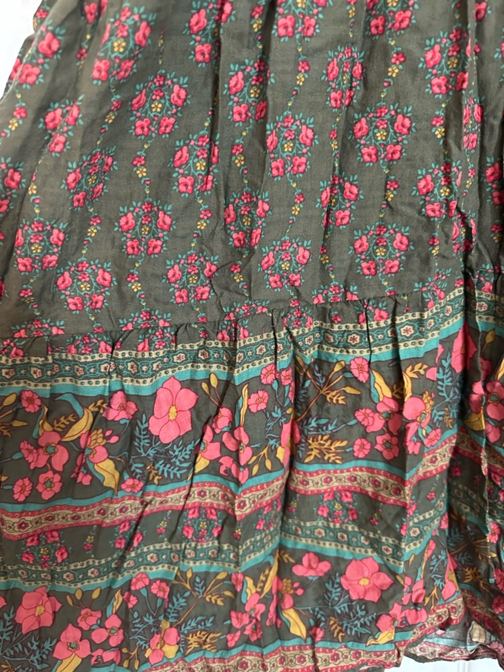 NATURAL LIFE Olive Midi Dress with Pink Floral and Multicolor Border - Picture 4 of 8